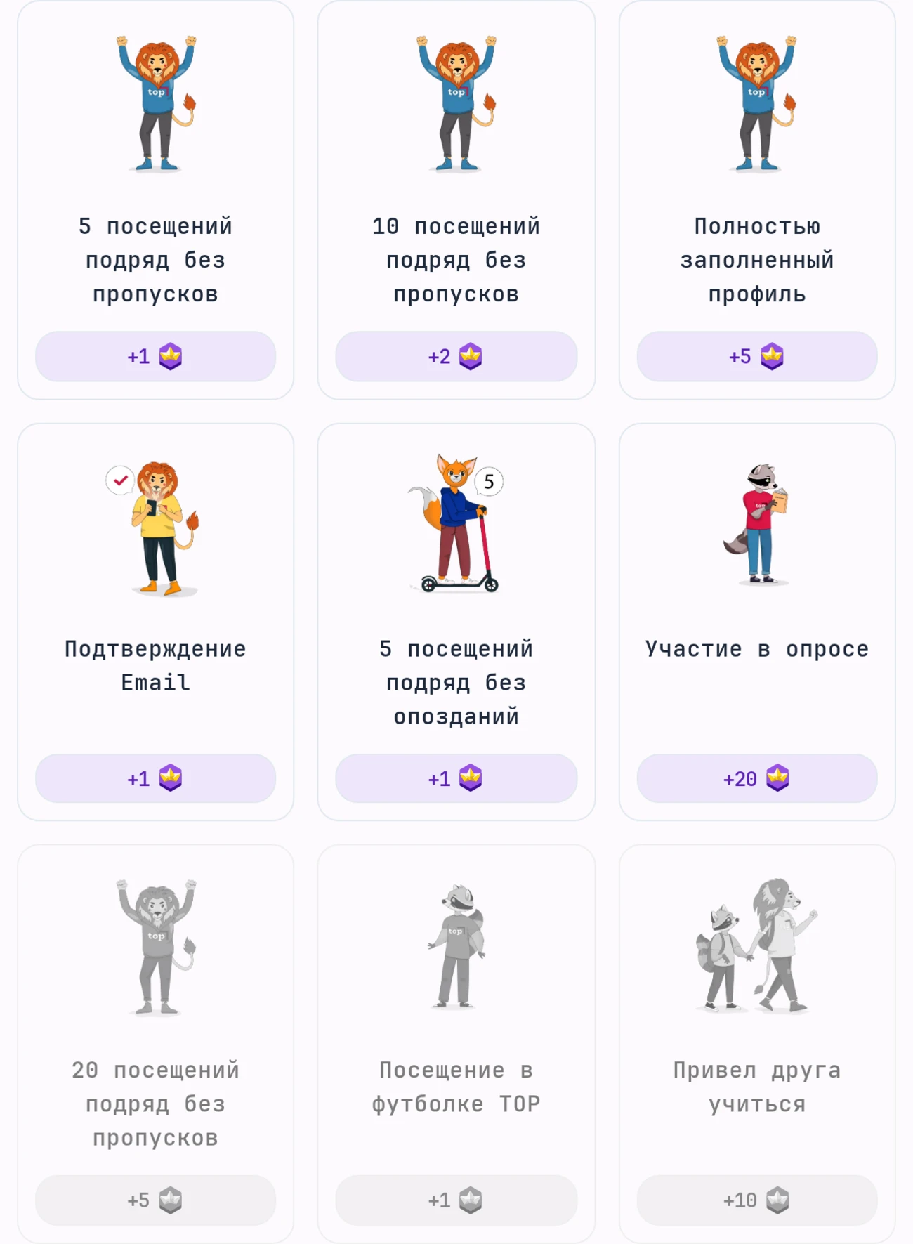 Раздел «Награды и достижения» в Journal: карточки достижений с начислением топкоинов, полученные показаны цветными, неполученные серыми